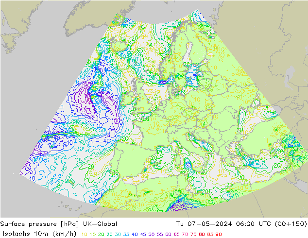 Isotachs (kph) UK-Global Út 07.05.2024 06 UTC