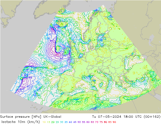 Isotachs (kph) UK-Global Tu 07.05.2024 18 UTC