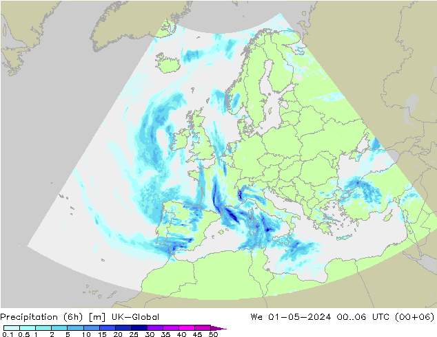 Precipitation (6h) UK-Global We 01.05.2024 06 UTC