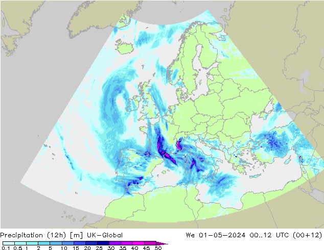 Precipitazione (12h) UK-Global mer 01.05.2024 12 UTC