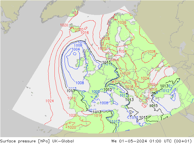 Pressione al suolo UK-Global mer 01.05.2024 01 UTC