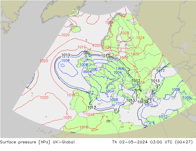 Pressione al suolo UK-Global gio 02.05.2024 03 UTC