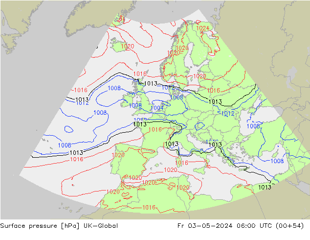 Pressione al suolo UK-Global ven 03.05.2024 06 UTC