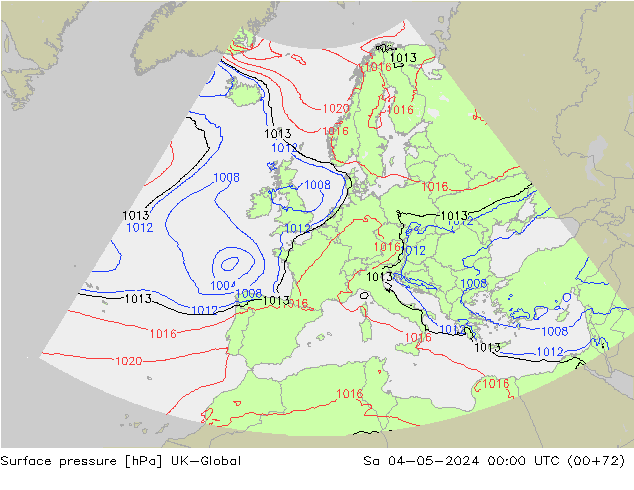 Pressione al suolo UK-Global sab 04.05.2024 00 UTC