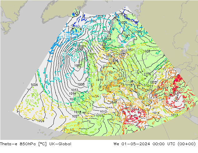 Theta-e 850hPa UK-Global Mi 01.05.2024 00 UTC