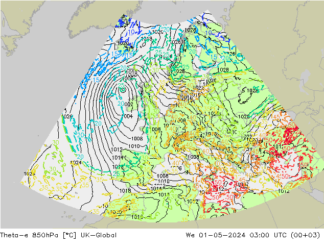 Theta-e 850hPa UK-Global wo 01.05.2024 03 UTC