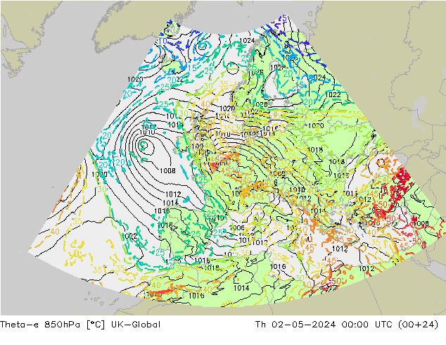 Theta-e 850hPa UK-Global Th 02.05.2024 00 UTC