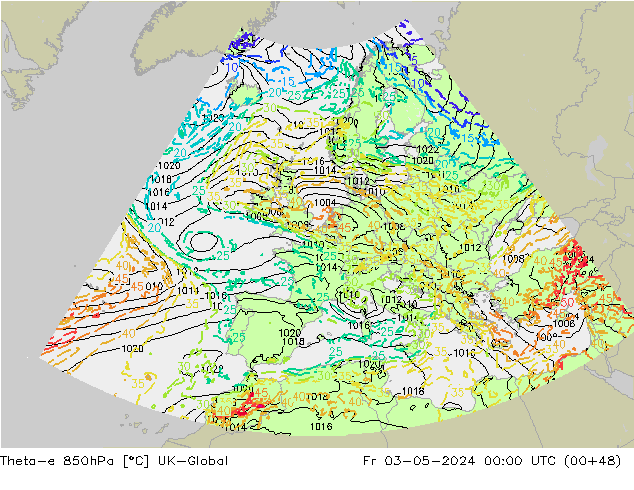Theta-e 850hPa UK-Global vr 03.05.2024 00 UTC