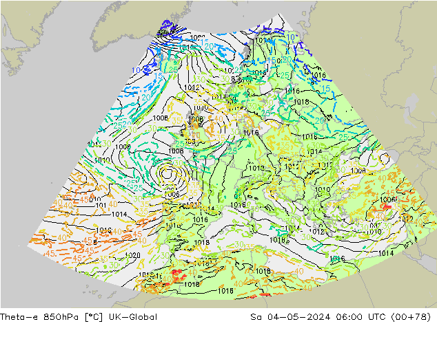 Theta-e 850hPa UK-Global Sa 04.05.2024 06 UTC