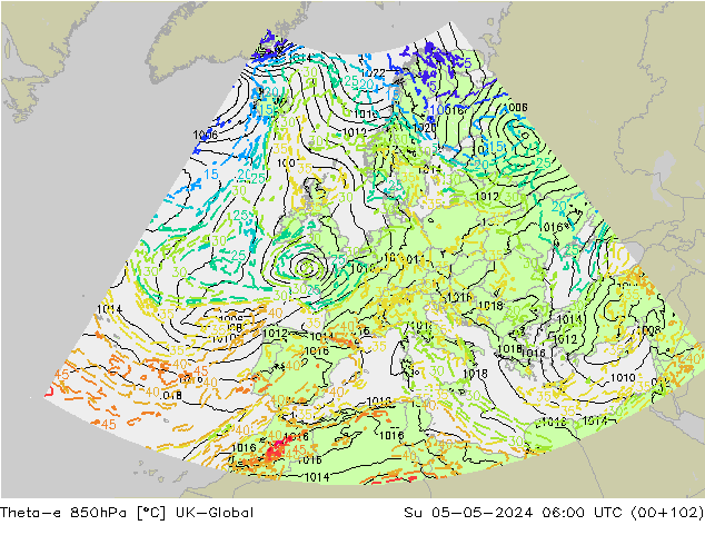 Theta-e 850hPa UK-Global dom 05.05.2024 06 UTC