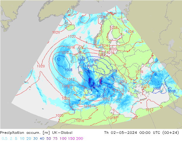 Precipitation accum. UK-Global Čt 02.05.2024 00 UTC