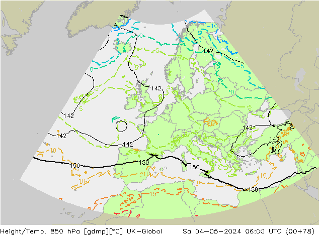 Height/Temp. 850 гПа UK-Global сб 04.05.2024 06 UTC