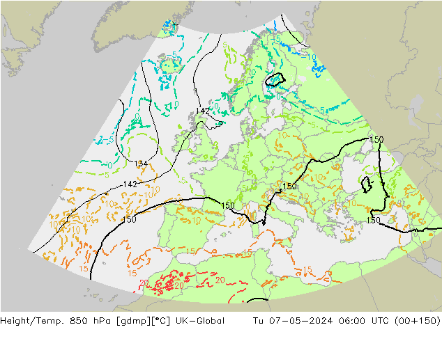 Height/Temp. 850 hPa UK-Global Tu 07.05.2024 06 UTC