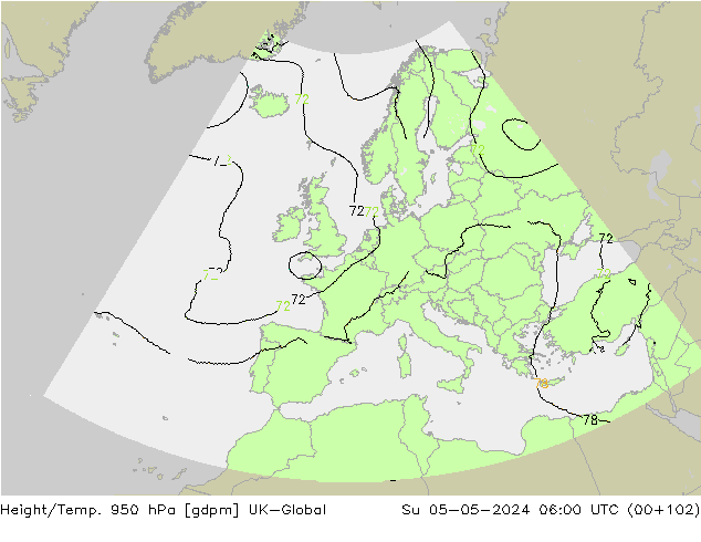 Height/Temp. 950 hPa UK-Global So 05.05.2024 06 UTC