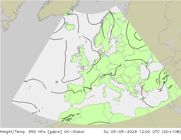 Height/Temp. 950 hPa UK-Global nie. 05.05.2024 12 UTC