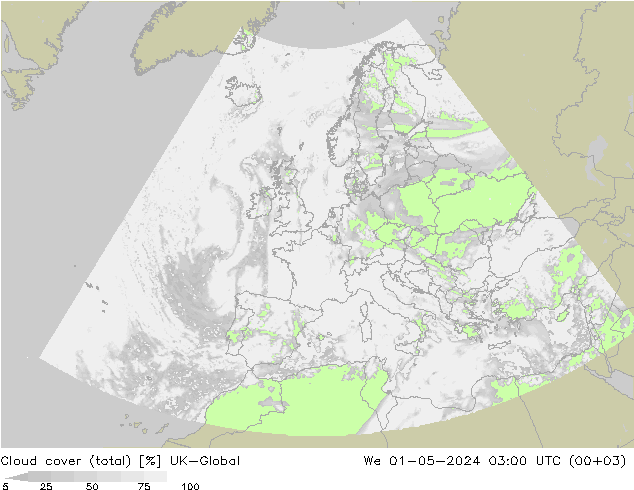 Cloud cover (total) UK-Global We 01.05.2024 03 UTC