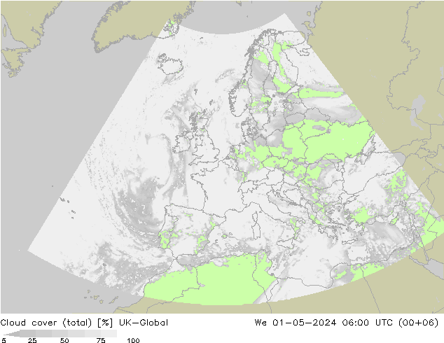 Cloud cover (total) UK-Global We 01.05.2024 06 UTC