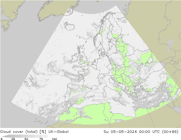 Bewolking (Totaal) UK-Global zo 05.05.2024 00 UTC