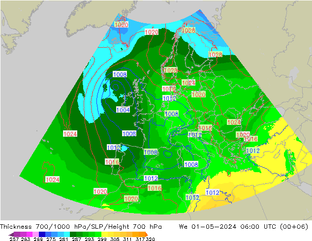 Thck 700-1000 hPa UK-Global We 01.05.2024 06 UTC