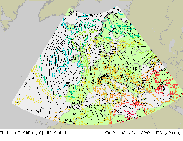 Theta-e 700hPa UK-Global śro. 01.05.2024 00 UTC