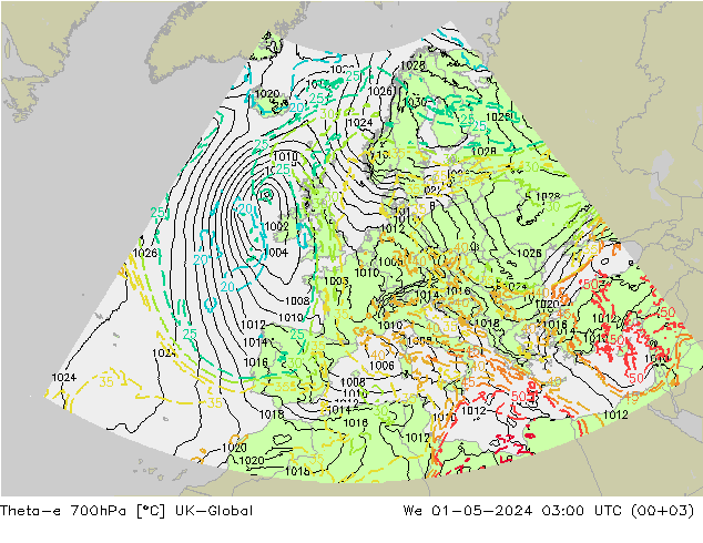 Theta-e 700hPa UK-Global wo 01.05.2024 03 UTC