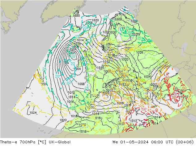 Theta-e 700hPa UK-Global We 01.05.2024 06 UTC
