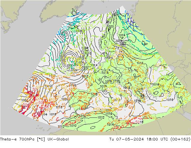 Theta-e 700hPa UK-Global Ter 07.05.2024 18 UTC