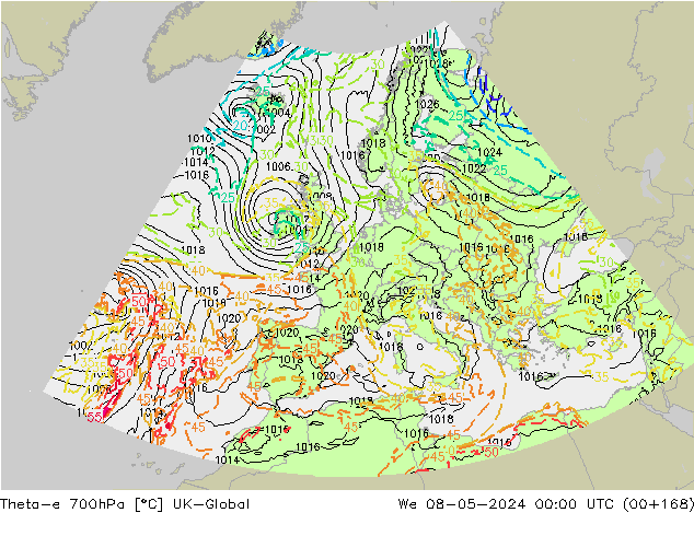 Theta-e 700hPa UK-Global wo 08.05.2024 00 UTC