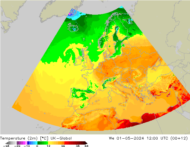 Temperature (2m) UK-Global We 01.05.2024 12 UTC