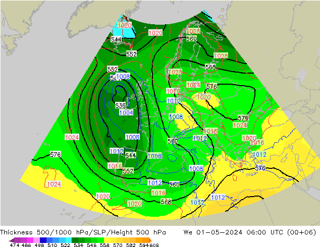 Thck 500-1000hPa UK-Global We 01.05.2024 06 UTC