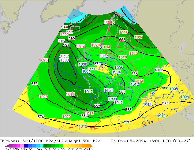 500-1000 hPa Kalınlığı UK-Global Per 02.05.2024 03 UTC