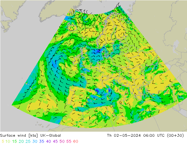 Surface wind UK-Global Th 02.05.2024 06 UTC