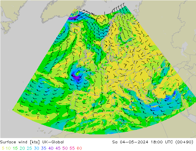 wiatr 10 m UK-Global so. 04.05.2024 18 UTC