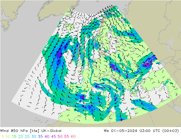 Wind 850 hPa UK-Global We 01.05.2024 03 UTC