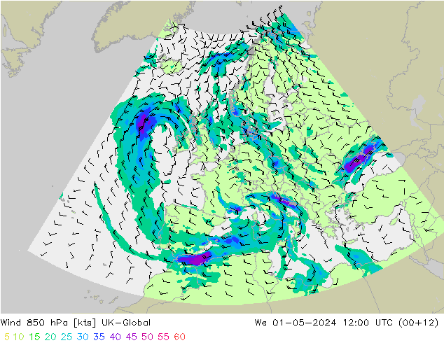 Vento 850 hPa UK-Global Qua 01.05.2024 12 UTC