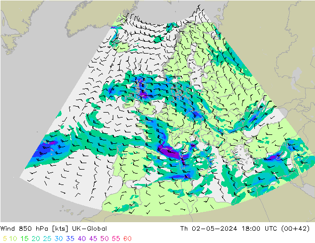 Wind 850 hPa UK-Global Th 02.05.2024 18 UTC