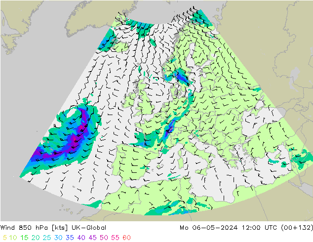 Vento 850 hPa UK-Global lun 06.05.2024 12 UTC