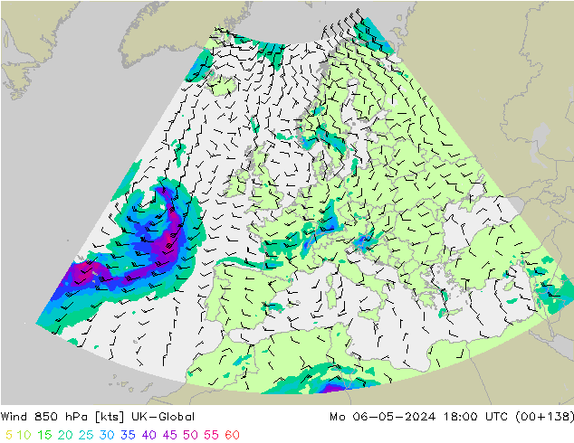Vento 850 hPa UK-Global lun 06.05.2024 18 UTC