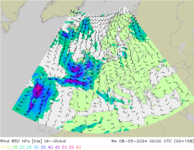 Wind 850 hPa UK-Global Mi 08.05.2024 00 UTC