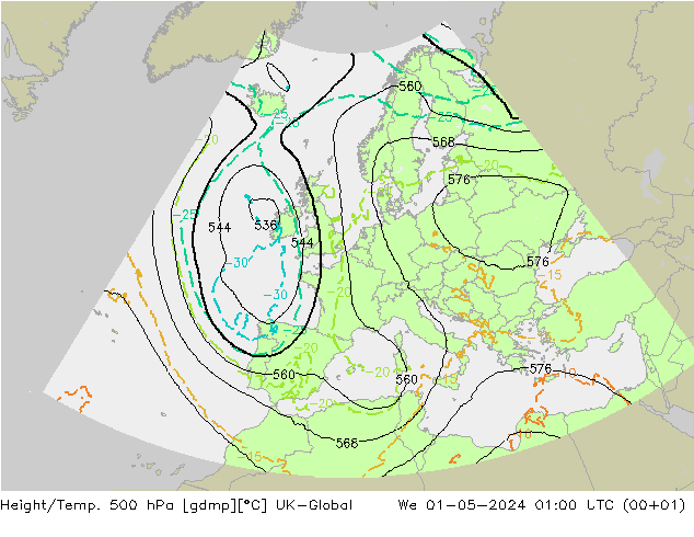 Hoogte/Temp. 500 hPa UK-Global wo 01.05.2024 01 UTC