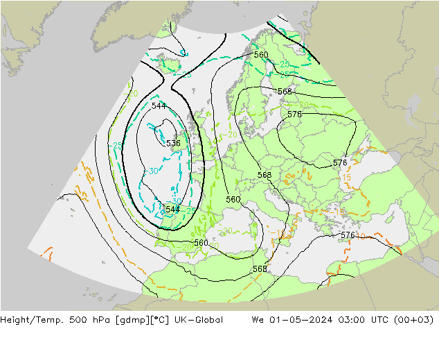 Height/Temp. 500 hPa UK-Global  01.05.2024 03 UTC