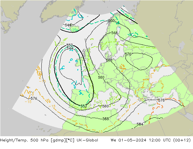 Yükseklik/Sıc. 500 hPa UK-Global Çar 01.05.2024 12 UTC