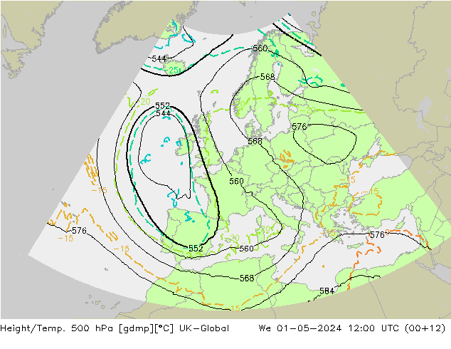 Height/Temp. 500 hPa UK-Global śro. 01.05.2024 12 UTC