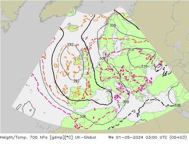 Hoogte/Temp. 700 hPa UK-Global wo 01.05.2024 03 UTC