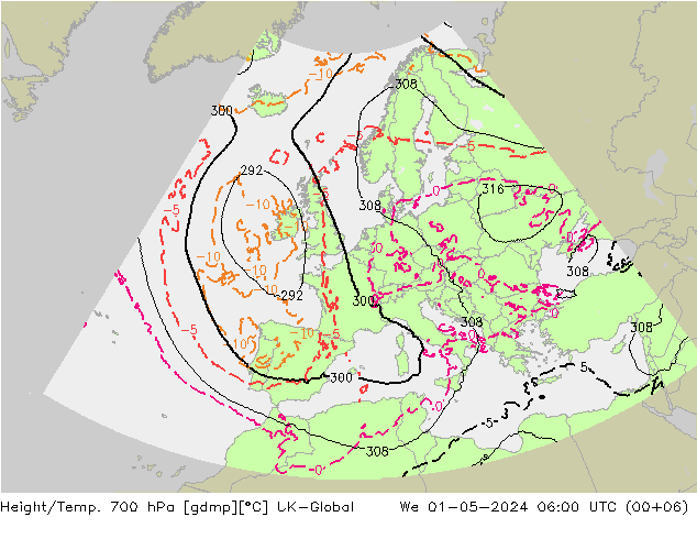 Height/Temp. 700 hPa UK-Global We 01.05.2024 06 UTC