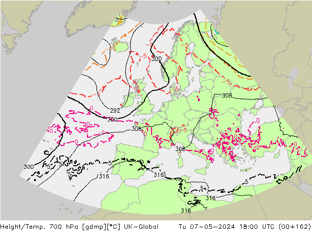 Height/Temp. 700 hPa UK-Global Tu 07.05.2024 18 UTC