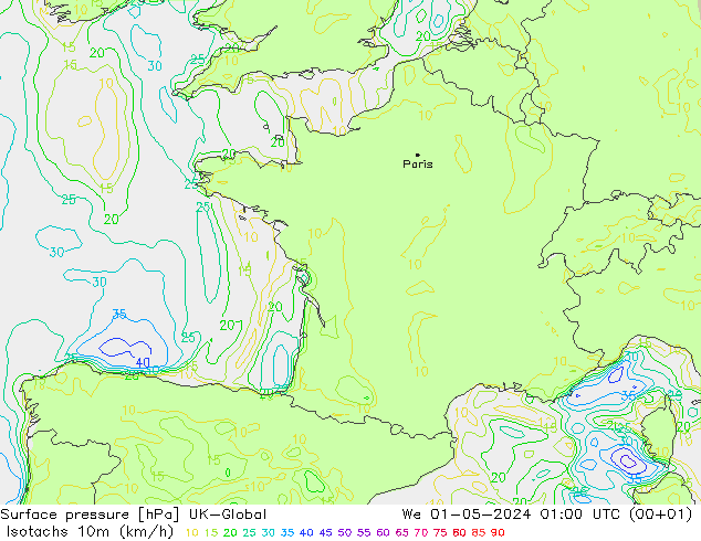 Isotachs (kph) UK-Global  01.05.2024 01 UTC