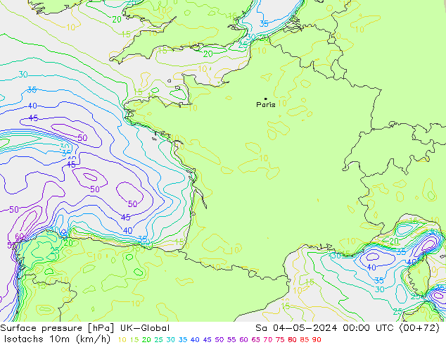 Isotachs (kph) UK-Global Sa 04.05.2024 00 UTC