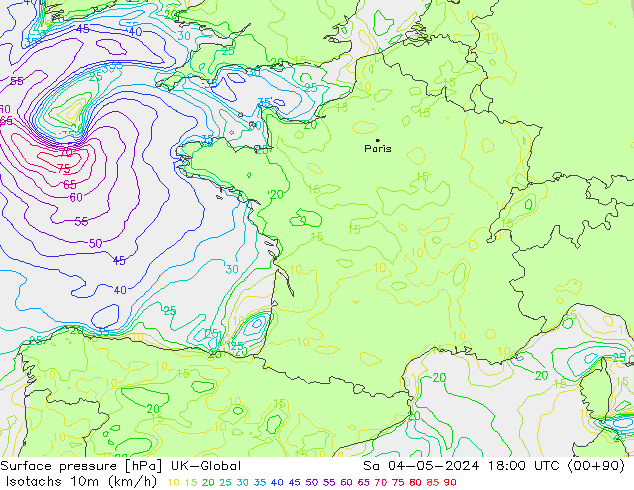 Isotachs (kph) UK-Global Sa 04.05.2024 18 UTC