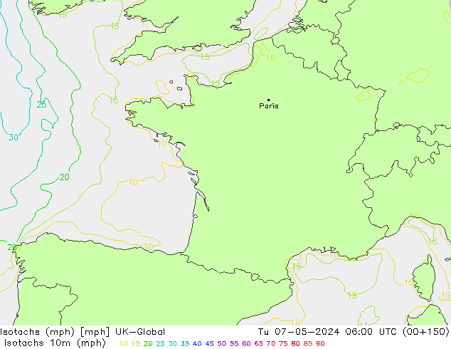 Isotachs (mph) UK-Global Út 07.05.2024 06 UTC